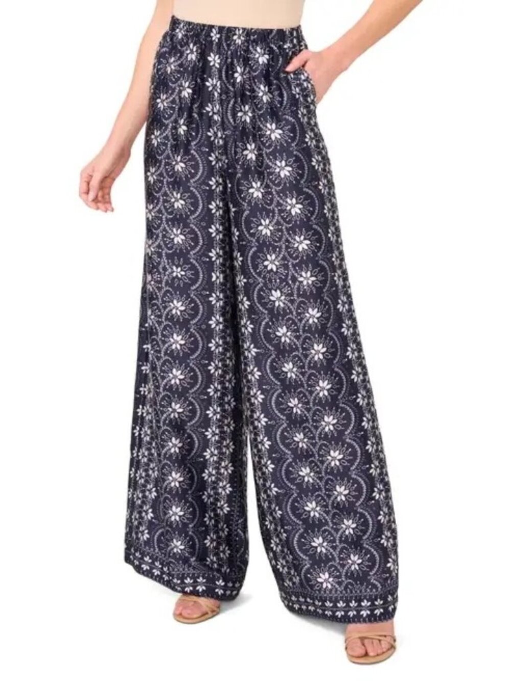 CeCe Mixed Print Wide Leg Pants XL Nordstroms Navy Blue White NWOT